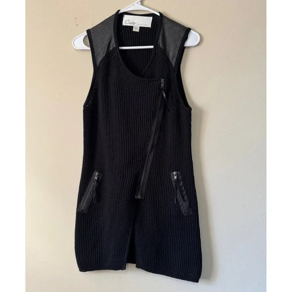 Curio New York Black Asymmetrical Zip Sleeveless Sweater Vest Faux Leather Sz S - Picture 4 of 12